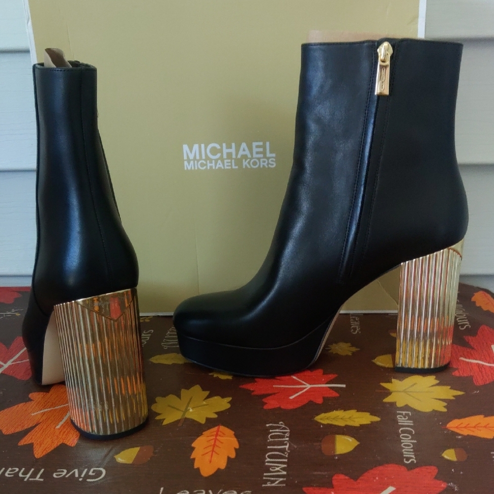 Michael Kors Black Leather Ankle Boots with Gold Ribbed Heel